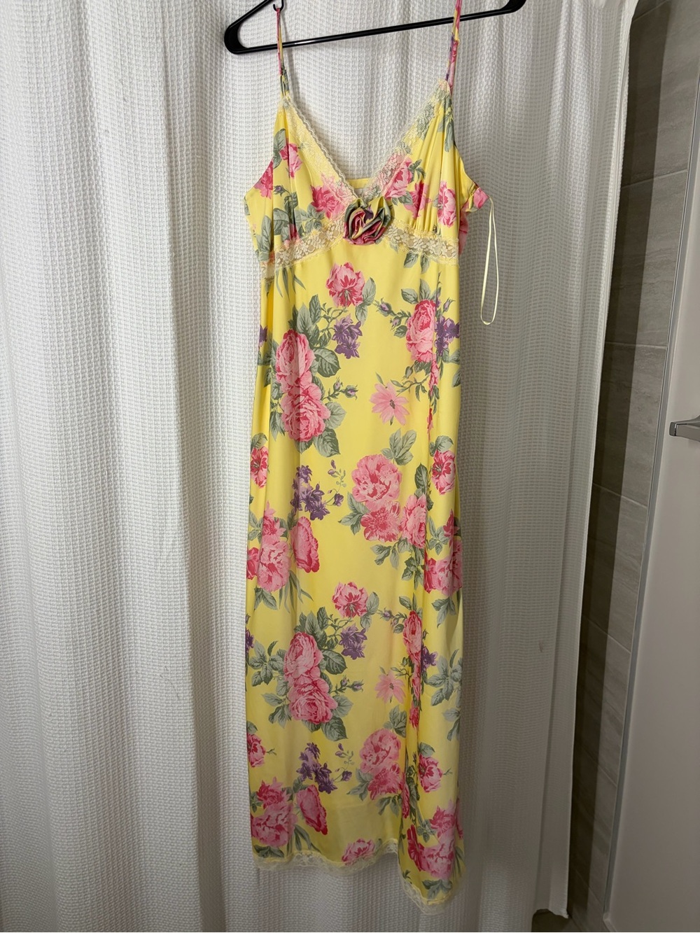 Wayf Yellow Maxi Slip Dress with Pink Rose Print